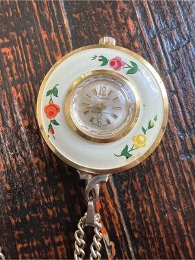 VTG 60's Sheffield Hand Painted Enamel Rose Watch Necklace Gold Tone